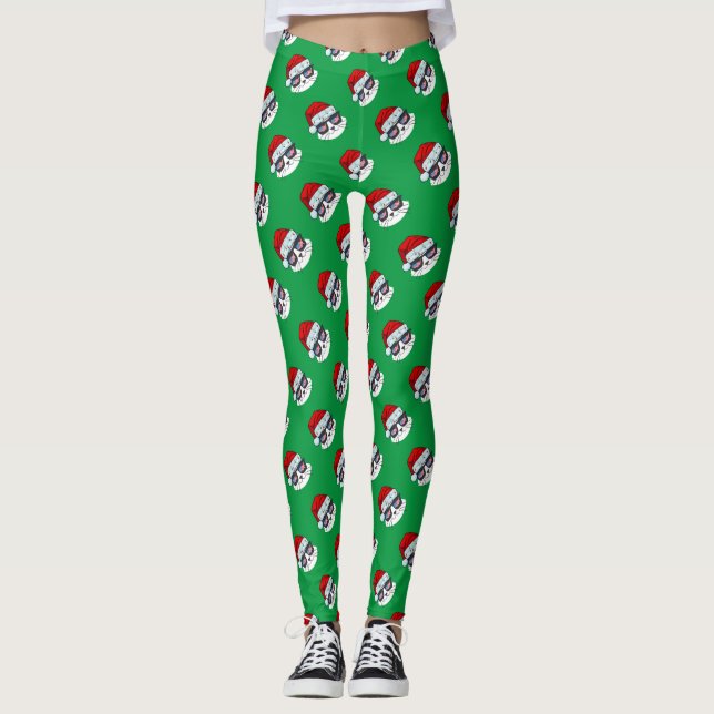 Legging Papai Noel de Natal com padrão de rosto de gato (Frente)