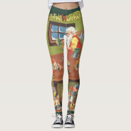 Legging Papai Noel de Natal Vintage com Elfos na Oficina