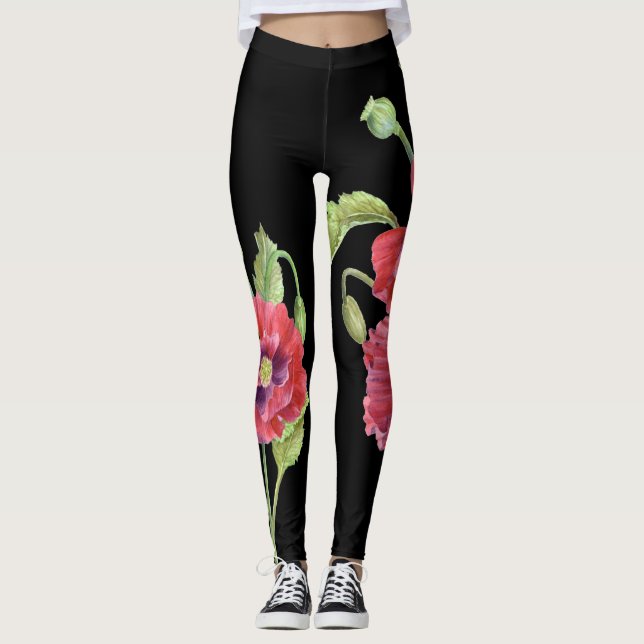 Legging Papas Vermelhas Ilustração Floral Fundo Preto (Frente)