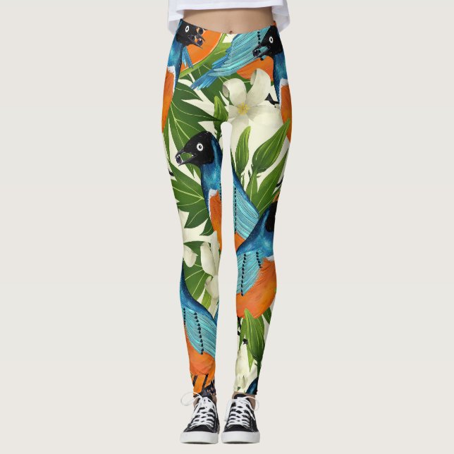 Legging Papaya tropical e padrão de pássaros. (Frente)