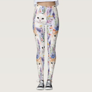 Legging Papéis Digitais De Gatos Florais De Aquarelas