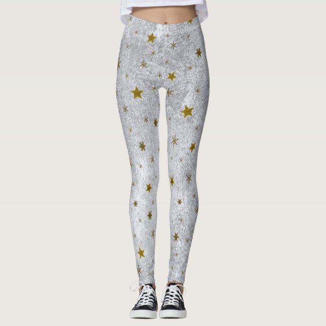 Legging Papel abstrato prateado com estrelas cintilantes d (Frente)