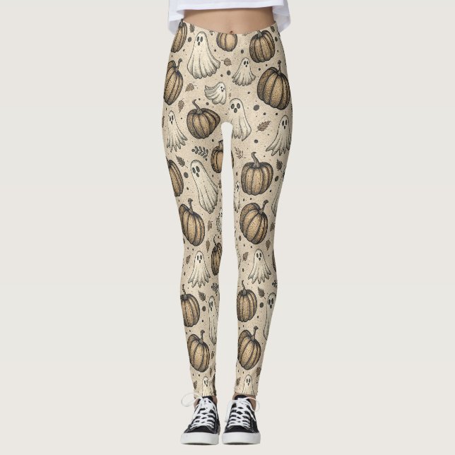 Legging Papel pergaminho rústico com abóbora fantasma de H (Frente)