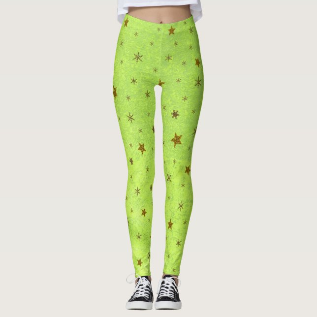 Legging Papel verde abstrato com estrelas cintilantes dour (Frente)