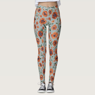 Legging Papoilas alaranjadas pintados mão bonitas