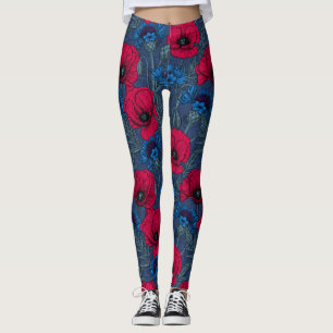 Legging Papoilas vermelhas e flores azuis em azul