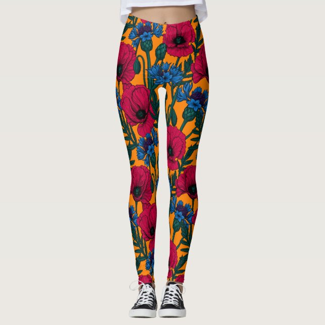 Legging Papoilas vermelhas e flores azuis em laranja (Frente)