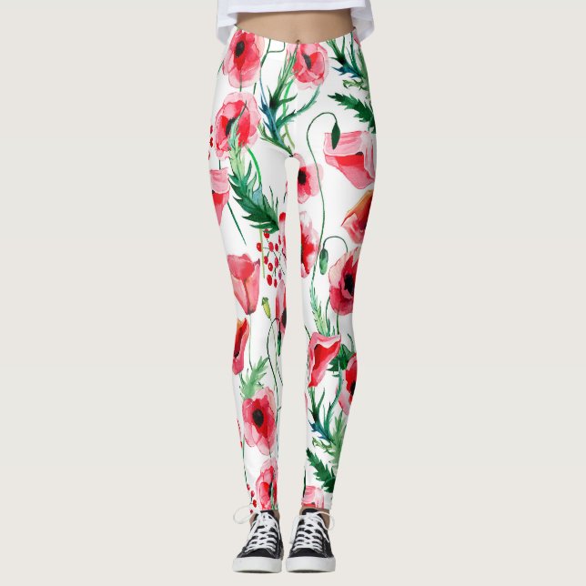 Legging Papoilas vermelhas: ilustração floral de aquarela (Frente)