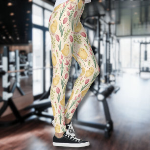 Legging Páscoa Vintage Lindos Pintinhos Amarelos Tulipas V