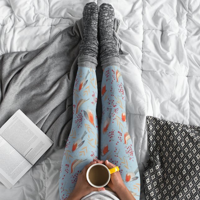 Legging Pássaro Corinto Azul Robin Padrão de Natal (Cute Bird Blue Robin Winter Christmas Pattern Leggings)