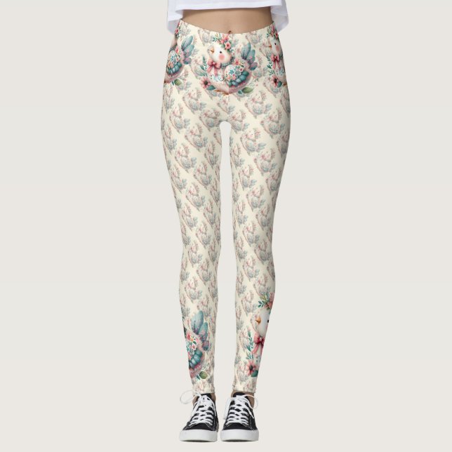 Legging Pássaro Folclórico Floral com Charme Boho Pastel (Frente)