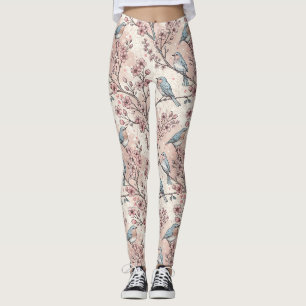 Legging Pássaros Azuis Pastel com Flor de Cerejeira Rosa