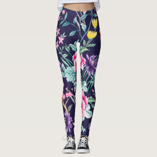 Legging Pássaros chineses e flores leggem azul-meia-noite