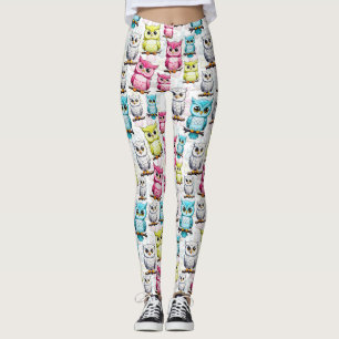 Legging Pássaros corujeiros coloridos Padrão branco de fun