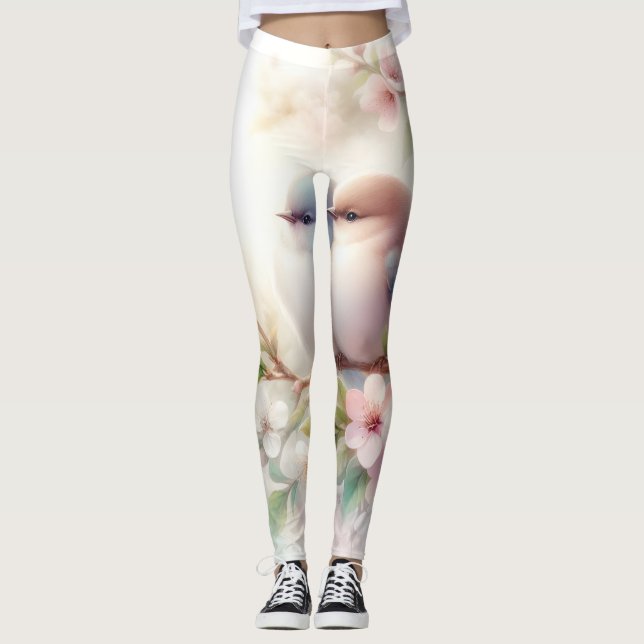 Legging Pássaros de Amor da Primavera Flor de Cerejeira Fl (Frente)