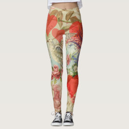 Legging Pássaros do Amor Vintage Coração Antiquado