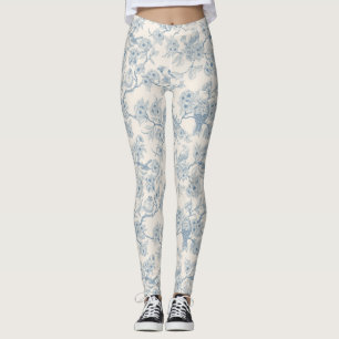 Legging Pássaros e flor de cerejeira em azul e branco esma