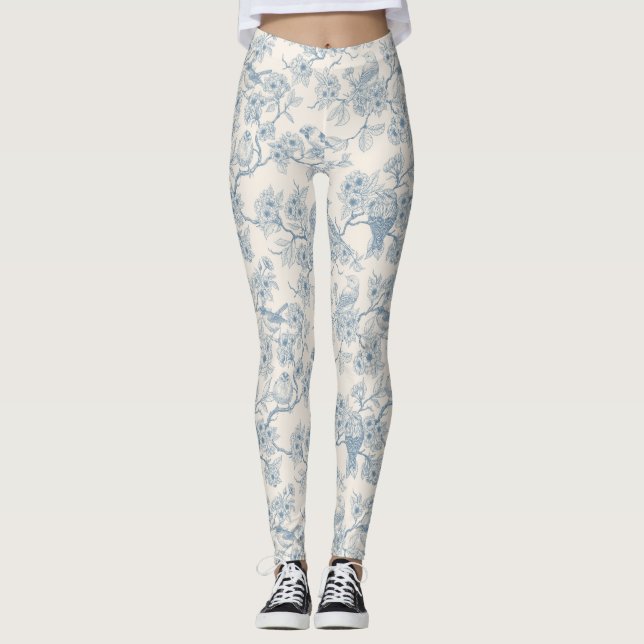 Legging Pássaros e flor de cerejeira em azul e branco esma (Frente)