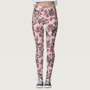 Legging Pássaros e flor de cerejeira em rosa cor-de-rosa