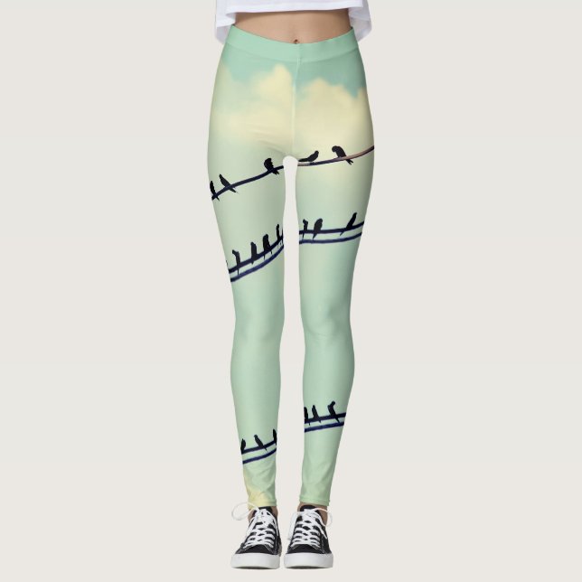 Legging Pássaros em fios, céu azul antigo. (Frente)
