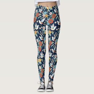 Legging Pássaros Marinho Floral Vintage Wallpaper Padrão