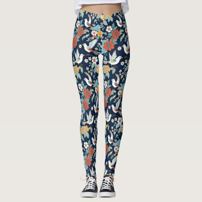 Legging Pássaros Marinho Floral Vintage Wallpaper Padrão (Frente)