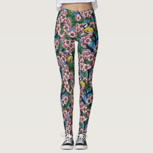 Legging Pássaros-peludos-azuis na cerejeira florescente em