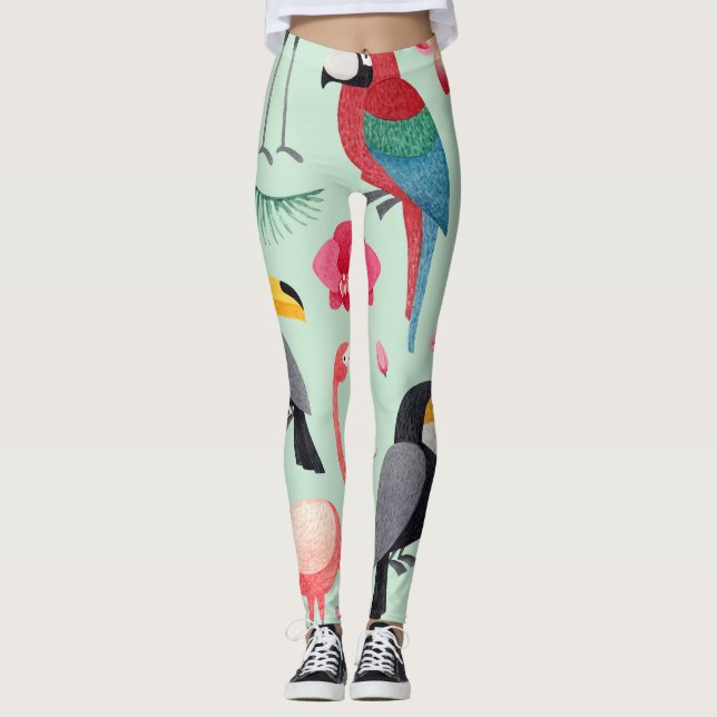Legging Pássaros tropicais, flores, padrão de aquarela. (Frente)