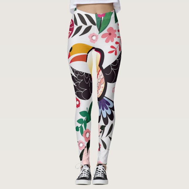 Legging Pássaros tropicais, padrão de rabiscos florais. (Frente)