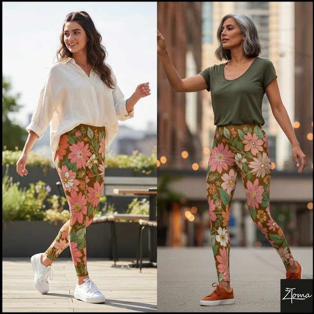 Legging Pastel Coral Retro Floral Daisy Backdrop - Brown (Criador carregado)