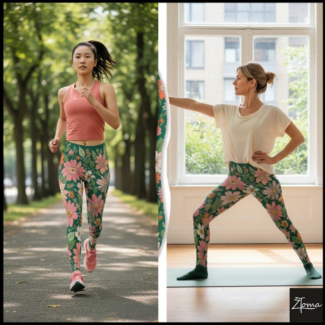 Legging Pastel Coral Retro Floral Daisy Backdrop - green (Criador carregado)