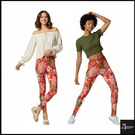 Legging Pastel Coral Retro Floral Daisy Backdrop - Red