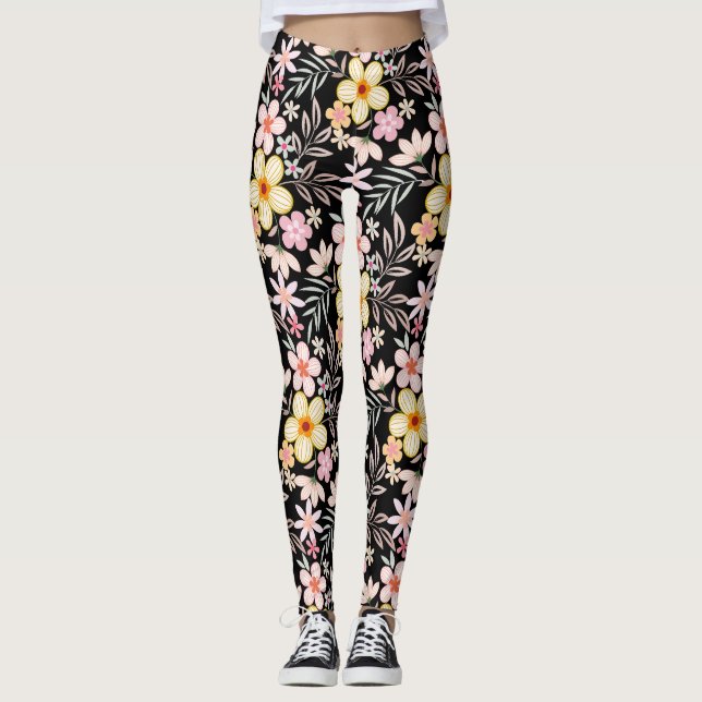 Legging Pastel Floral padrão C03.bw Preto BG (Frente)