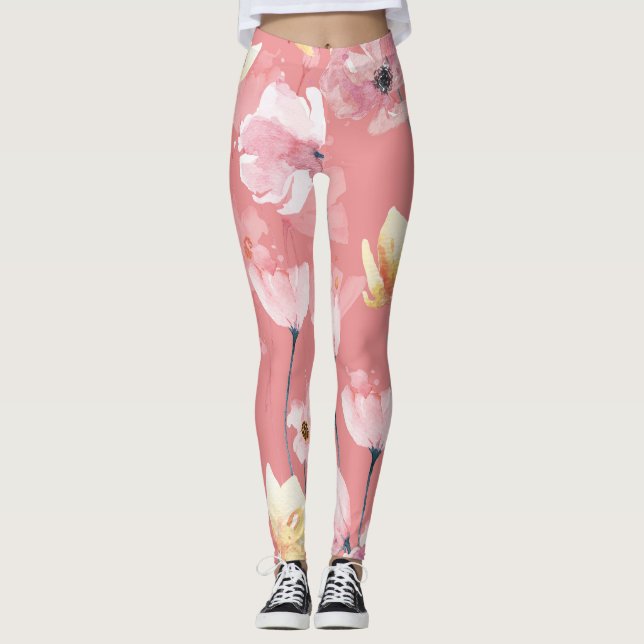 Legging Pastel Poppies: Watercolor Floral Sem Costura. (Frente)