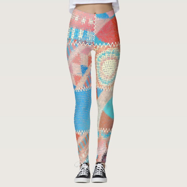 Legging Patchwork de Canvas bruta: padrão de vinheta textu (Frente)