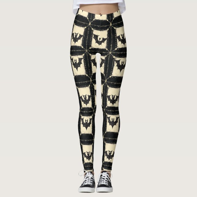 Legging Patchwork de Grunge Denim Halloween com Bats (Frente)