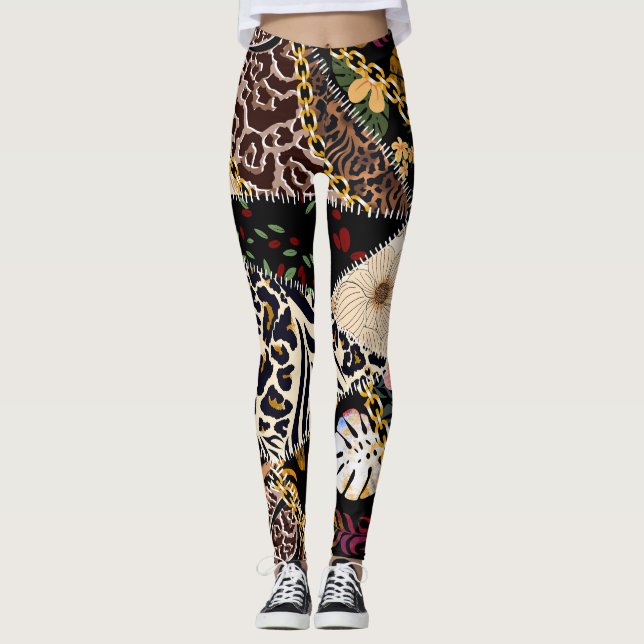 Legging Patchwork Leopard: Design de Linhagem Étnica. (Frente)