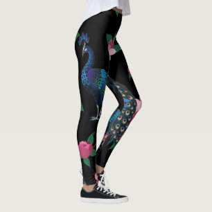 Legging Pavões Elegantes e Padrões de Flores Rosa