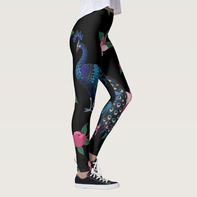 Legging Pavões Elegantes e Padrões de Flores Rosa (Direita)