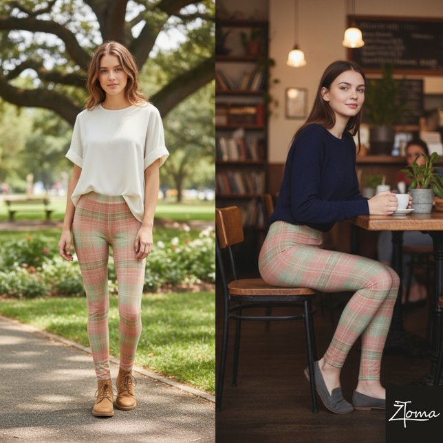 Legging Peach Sage Muted Plaid Color Block (Criador carregado)