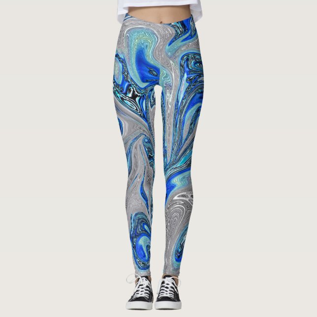 Legging Peacock Blue e Silver Marbled Abstrato (Frente)