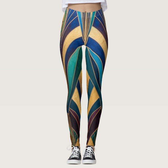 Legging Peacock Jewel Tone Art Deco Feather (Frente)