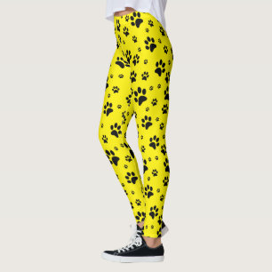 Legging Pegadas de patas pretas divertidas em amarelo bril