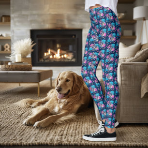 Legging Peixe Lutador Betta Siameses Ondas de Lótus Azul