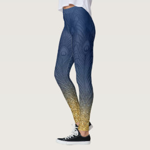 Legging Pena Dourado do pavão do brilho do azul de índig