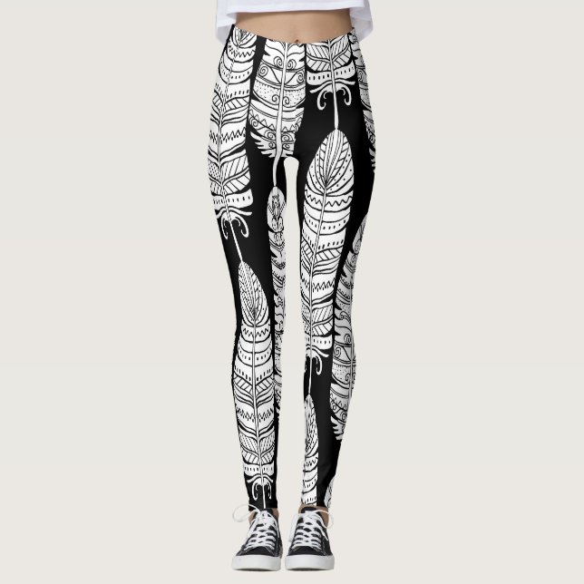 Legging Penas boho: padrão preto e branco (Frente)