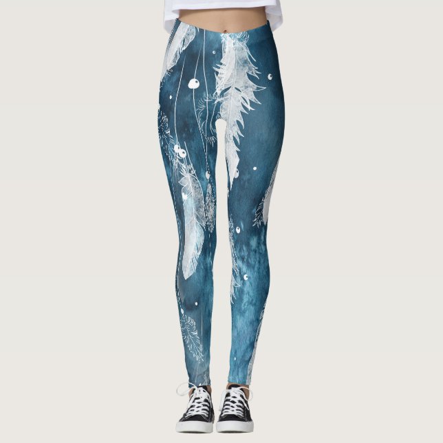 Legging Penas brancas em queda, cor azul d'água. (Frente)