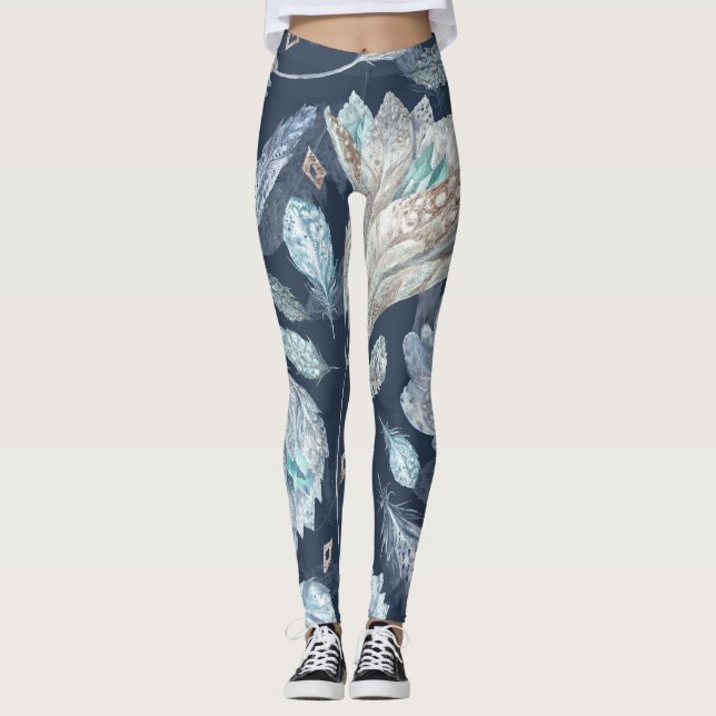 Legging Penas Chic Boho Flores: Azul Escuro-Aquarela P (Frente)