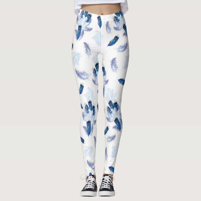 Legging Penas com tom azul de papagaio branco exótico repe (Frente)