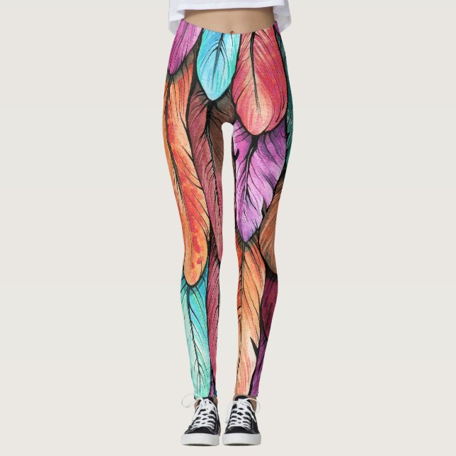 Legging Penas de aves, aquarela, padrão sem costura. (Frente)